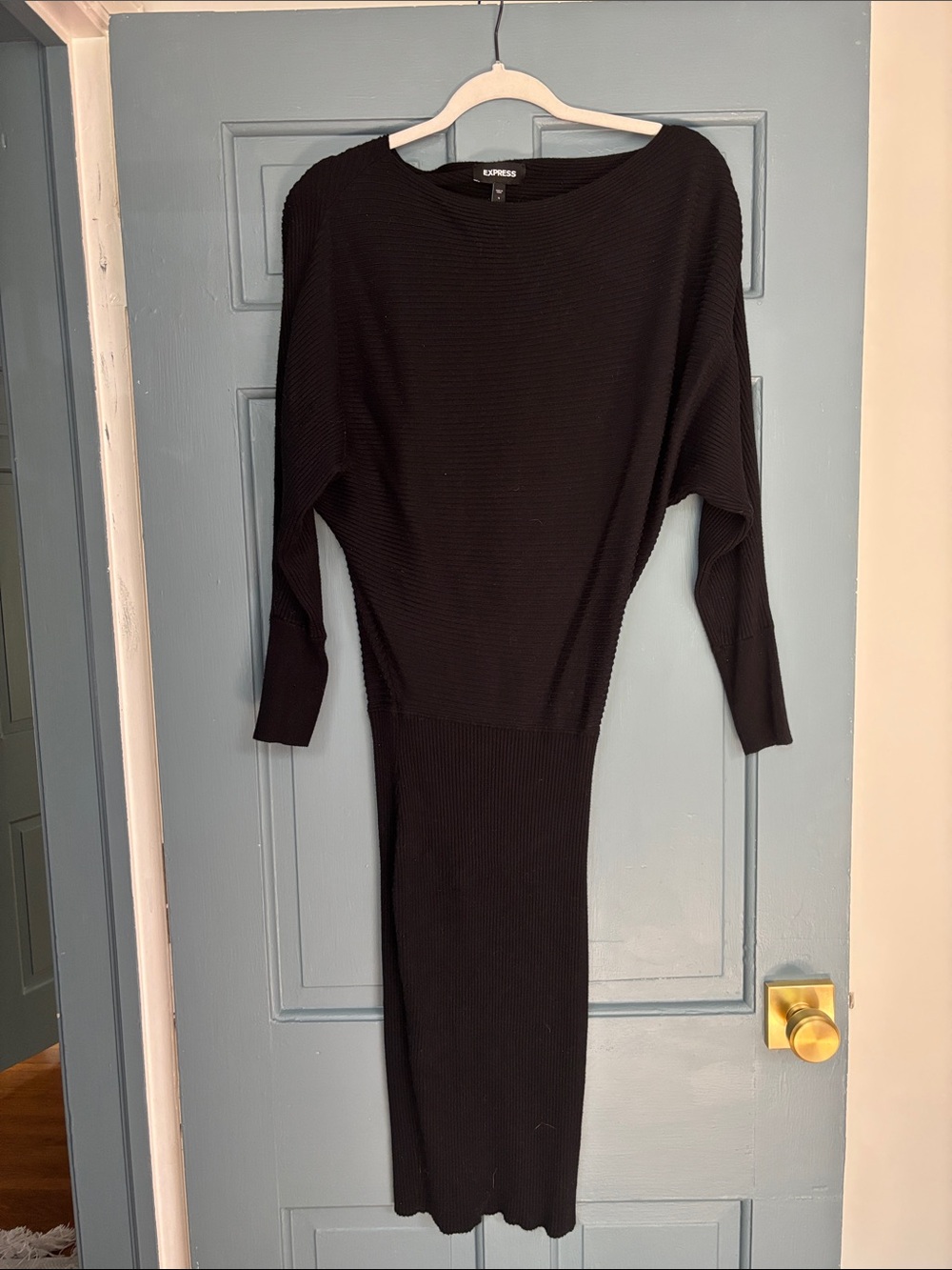 Express Black Ribbed Long-Sleeve Midi Dress